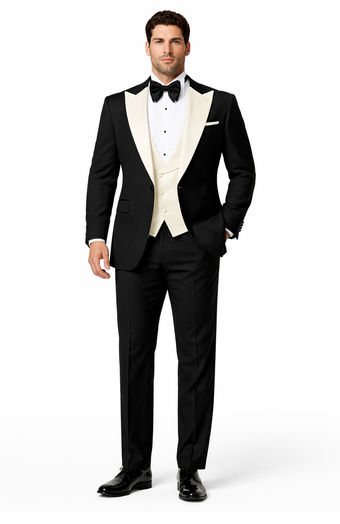 Mens Black and Ivory Tuxedo with Wide Shawl Lapel  3 Piece Black and off White Lapel ! Vested Suit
