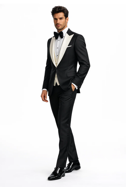 Mens Black and Ivory Tuxedo with Wide Shawl Lapel  3 Piece Black and off White Lapel ! Vested Suit