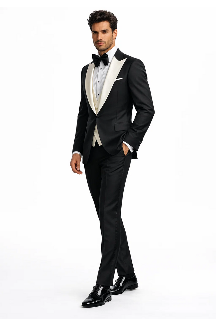 Mens Black and Ivory Tuxedo with Wide Shawl Lapel  3 Piece Black and off White Lapel ! Vested Suit