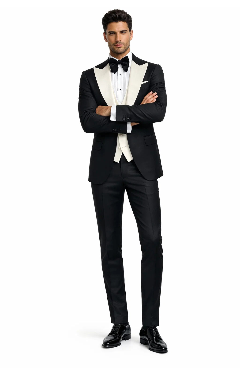 Mens Black and Ivory Tuxedo with Wide Shawl Lapel  3 Piece Black and off White Lapel ! Vested Suit