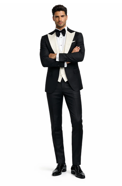 Mens Black and Ivory Tuxedo with Wide Shawl Lapel  3 Piece Black and off White Lapel ! Vested Suit