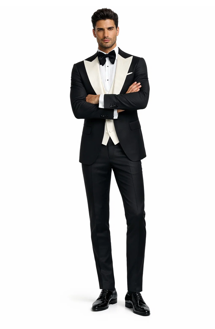 Mens Black and Ivory Tuxedo with Wide Shawl Lapel  3 Piece Black and off White Lapel ! Vested Suit
