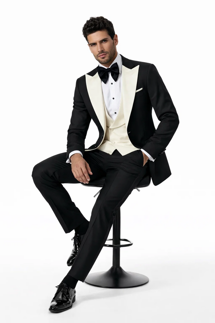 Mens Black and Ivory Tuxedo with Wide Shawl Lapel  3 Piece Black and off White Lapel ! Vested Suit