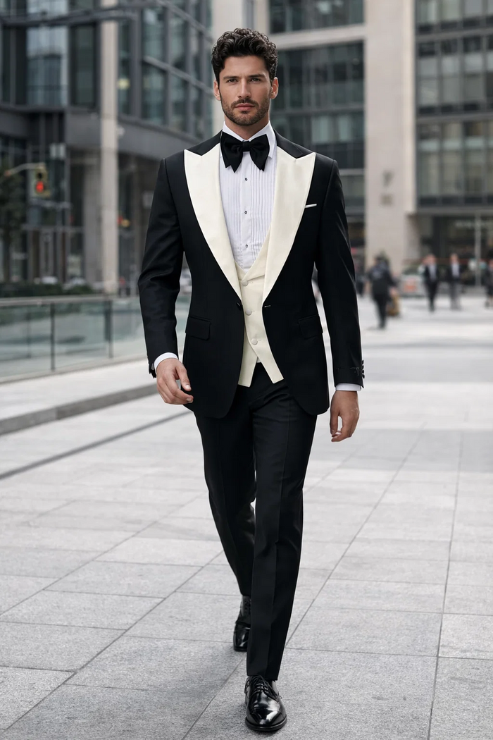 Mens Black and Ivory Tuxedo with Wide Shawl Lapel  3 Piece Black and off White Lapel ! Vested Suit