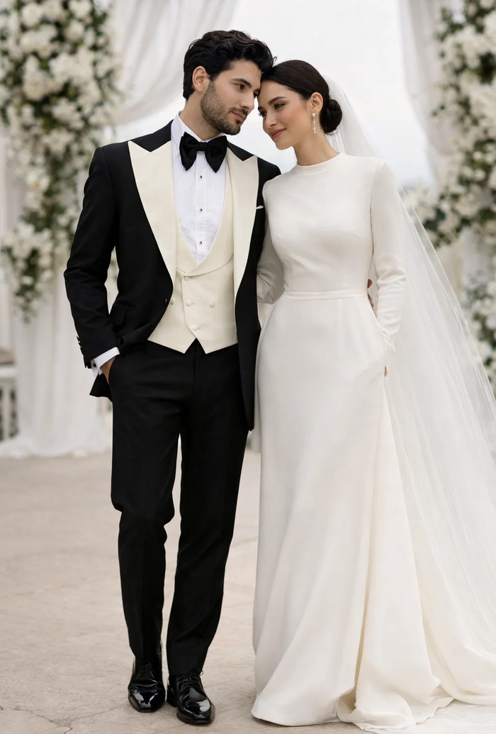 Mens Black and Ivory Tuxedo with Wide Shawl Lapel  3 Piece Black and off White Lapel ! Vested Suit