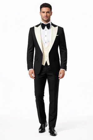Mens Black and Ivory Tuxedo with Wide Shawl Lapel  3 Piece Black and off White Lapel ! Vested Suit