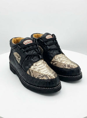 Mens Black and Natural Exotic Alligator Crocodile Casual Shoes – Ostrich and Snakeskin Pattern Lace Up Dress Shoes - Boot By Los Altos