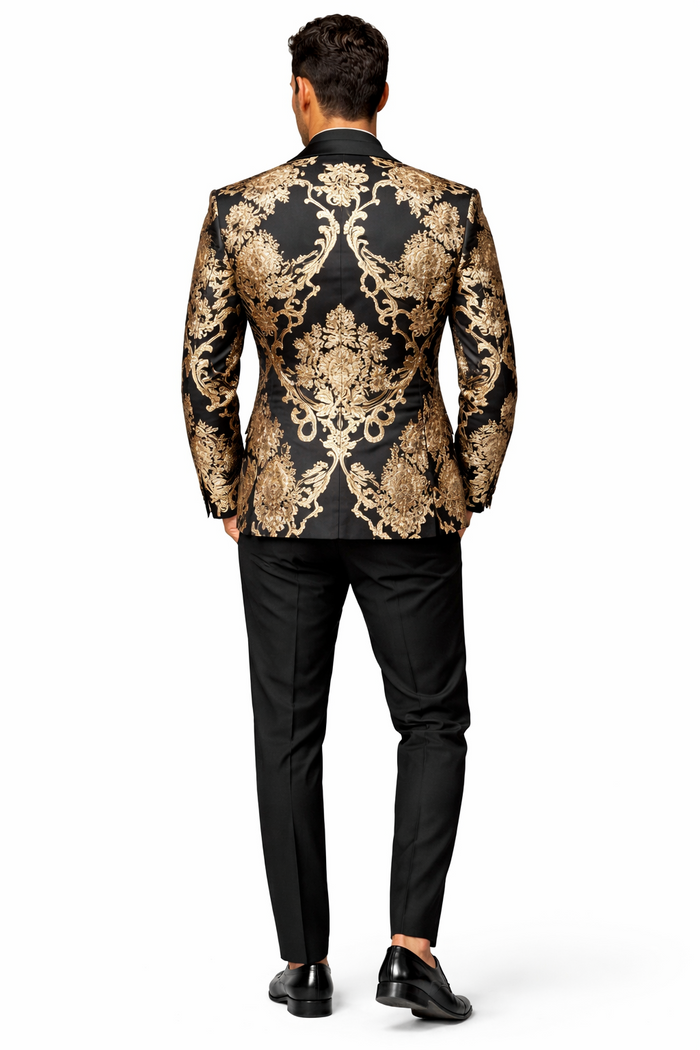 Mens Black and Rose Gold Floral Embroidered Blazer Suit Black Pants  Luxury Tuxedo Jacket for Weddings, Proms and Parties