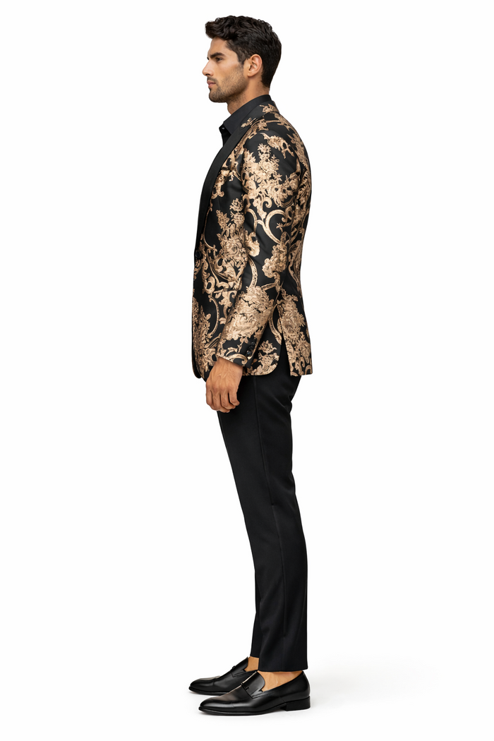 Mens Black and Rose Gold Floral Embroidered Blazer Suit Black Pants  Luxury Tuxedo Jacket for Weddings, Proms and Parties