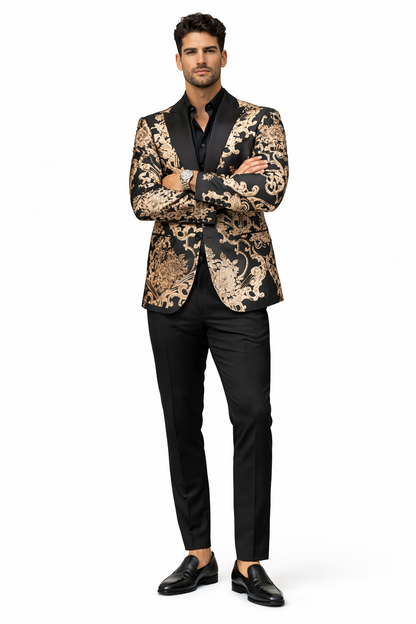 Mens Black and Rose Gold Floral Embroidered Blazer Suit Black Pants  Luxury Tuxedo Jacket for Weddings, Proms and Parties