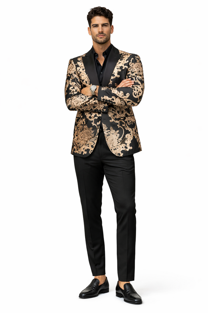 Mens Black and Rose Gold Floral Embroidered Blazer Suit Black Pants  Luxury Tuxedo Jacket for Weddings, Proms and Parties