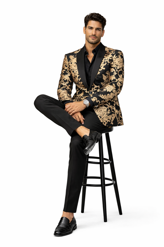 Mens Black and Rose Gold Floral Embroidered Blazer Suit Black Pants  Luxury Tuxedo Jacket for Weddings, Proms and Parties