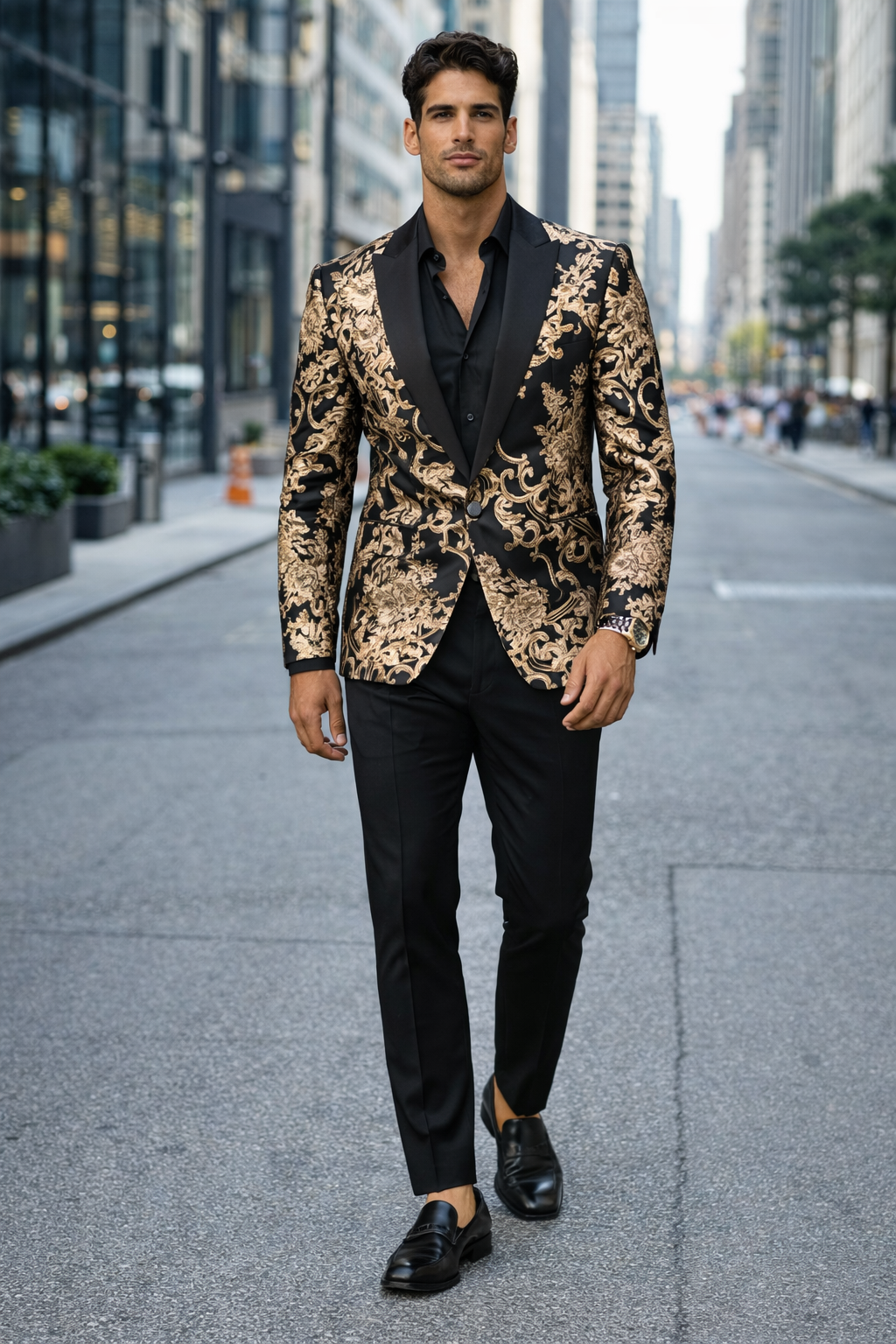 Mens Black and Rose Gold Floral Embroidered Blazer Suit Black Pants  Luxury Tuxedo Jacket for Weddings, Proms and Parties