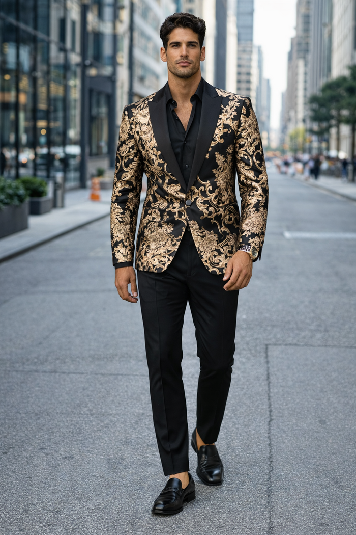Mens Black and Rose Gold Floral Embroidered Blazer Suit Black Pants  Luxury Tuxedo Jacket for Weddings, Proms and Parties