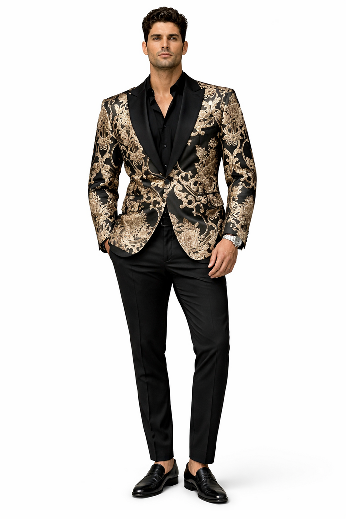 Mens Black and Rose Gold Floral Embroidered Blazer Suit Black Pants  Luxury Tuxedo Jacket for Weddings, Proms and Parties