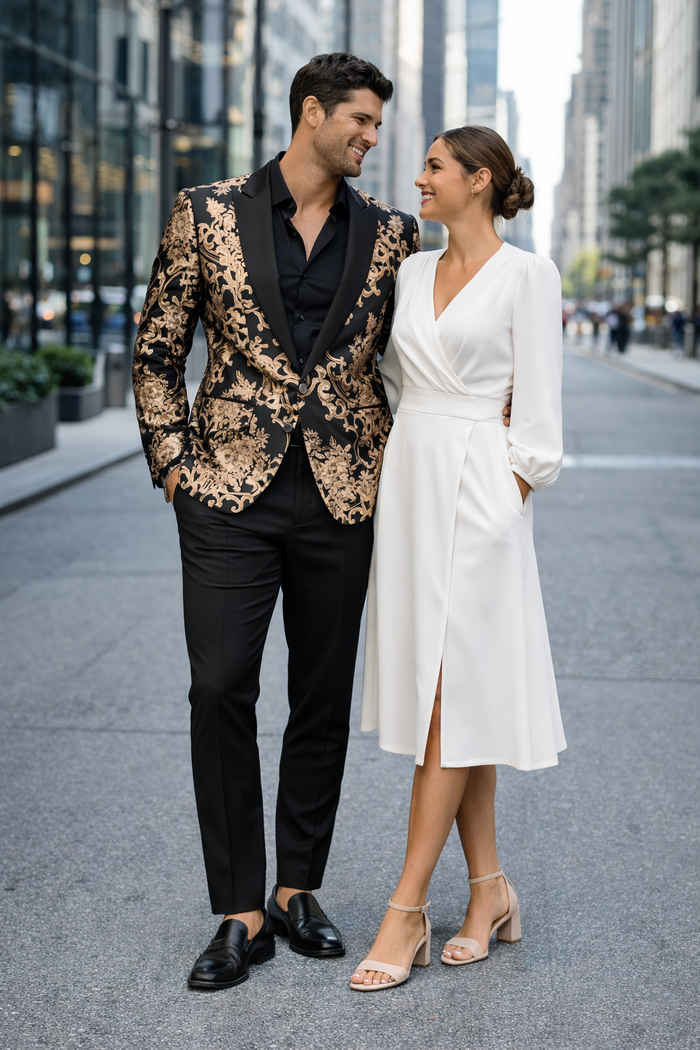 Mens Black and Rose Gold Floral Embroidered Blazer Suit Black Pants  Luxury Tuxedo Jacket for Weddings, Proms and Parties