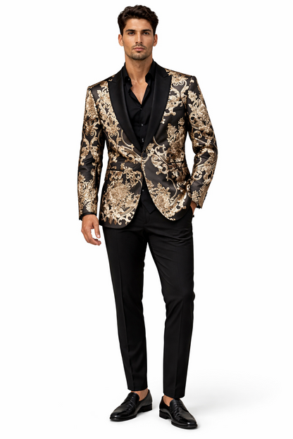 Mens Black and Rose Gold Floral Embroidered Blazer Suit Black Pants  Luxury Tuxedo Jacket for Weddings, Proms and Parties