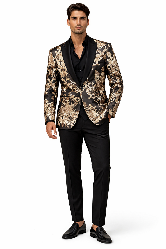 Mens Black and Rose Gold Floral Embroidered Blazer Suit Black Pants  Luxury Tuxedo Jacket for Weddings, Proms and Parties