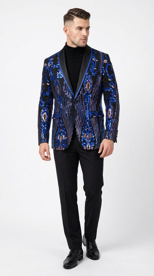 Mens Black and Royal and Gold and Navy Blue Sequin Tuxedo Suit Set – Luxury Prom Wedding Tuxedo with Sequin Jacket