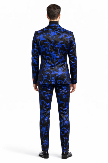 Mens Black and Royal Blue Floral Tuxedo Suit  Slim Fit 2 Piece Velvet Embroidered Outfit for Weddings, Prom, and Formal Events