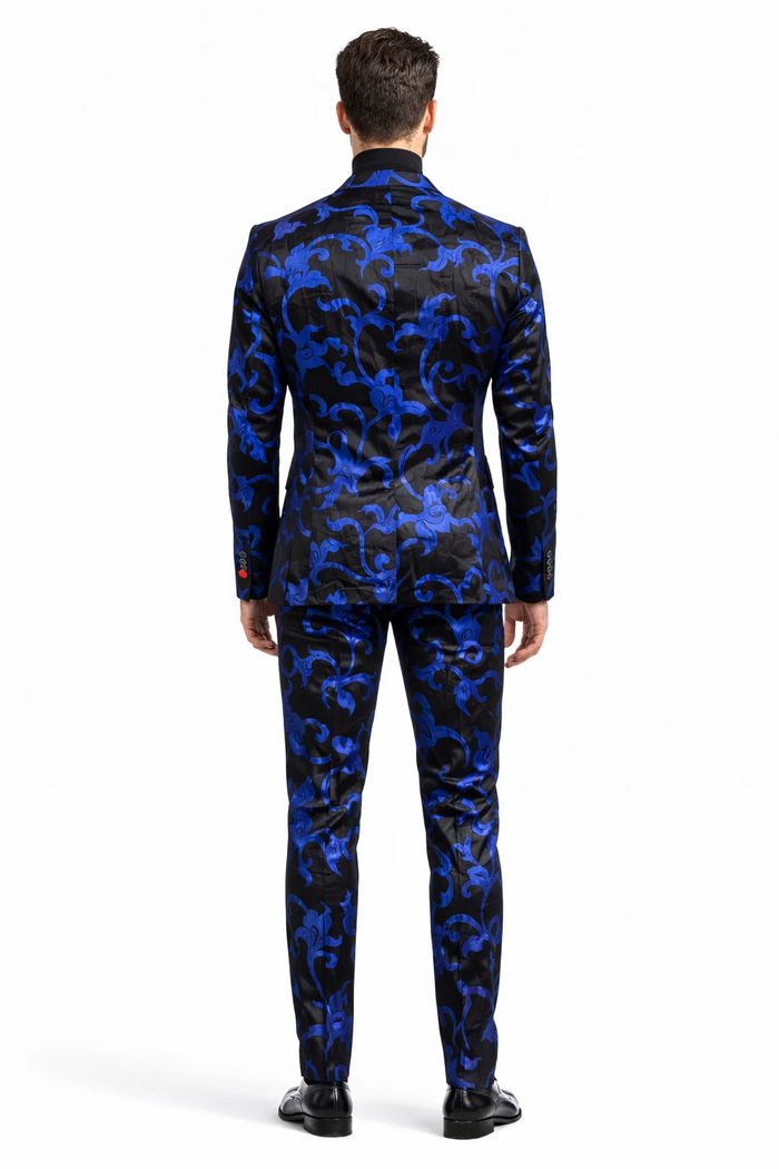 Mens Black and Royal Blue Floral Tuxedo Suit  Slim Fit 2 Piece Velvet Embroidered Outfit for Weddings, Prom, and Formal Events