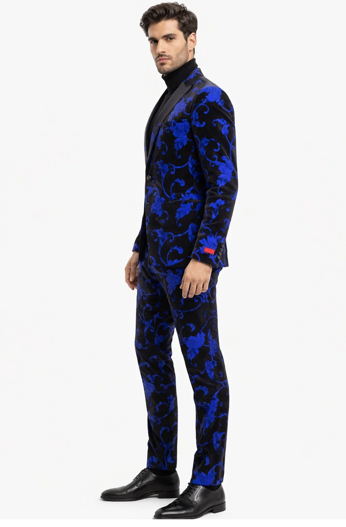 Mens Black and Royal Blue Floral Tuxedo Suit  Slim Fit 2 Piece Velvet Embroidered Outfit for Weddings, Prom, and Formal Events