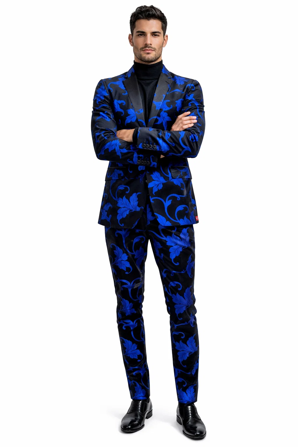 Mens Black and Royal Blue Floral Tuxedo Suit  Slim Fit 2 Piece Velvet Embroidered Outfit for Weddings, Prom, and Formal Events