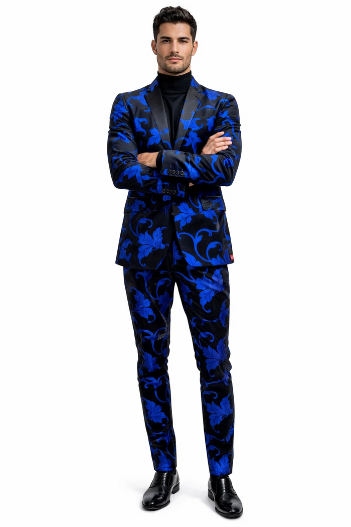 Mens Black and Royal Blue Floral Tuxedo Suit  Slim Fit 2 Piece Velvet Embroidered Outfit for Weddings, Prom, and Formal Events