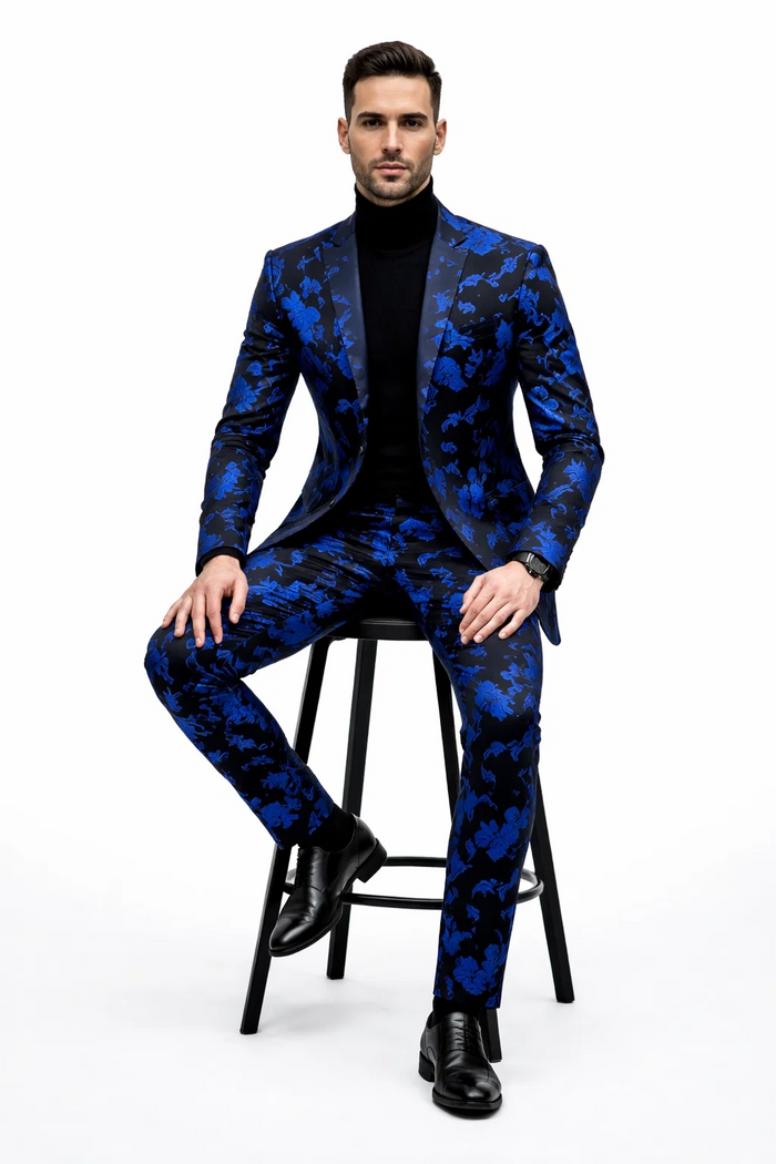Mens Black and Royal Blue Floral Tuxedo Suit  Slim Fit 2 Piece Velvet Embroidered Outfit for Weddings, Prom, and Formal Events