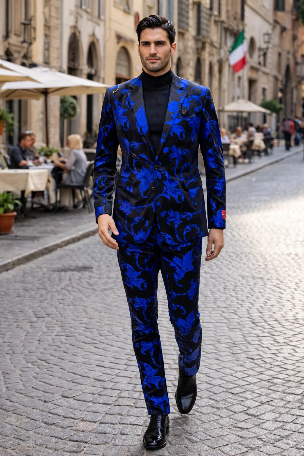 Mens Black and Royal Blue Floral Tuxedo Suit  Slim Fit 2 Piece Velvet Embroidered Outfit for Weddings, Prom, and Formal Events