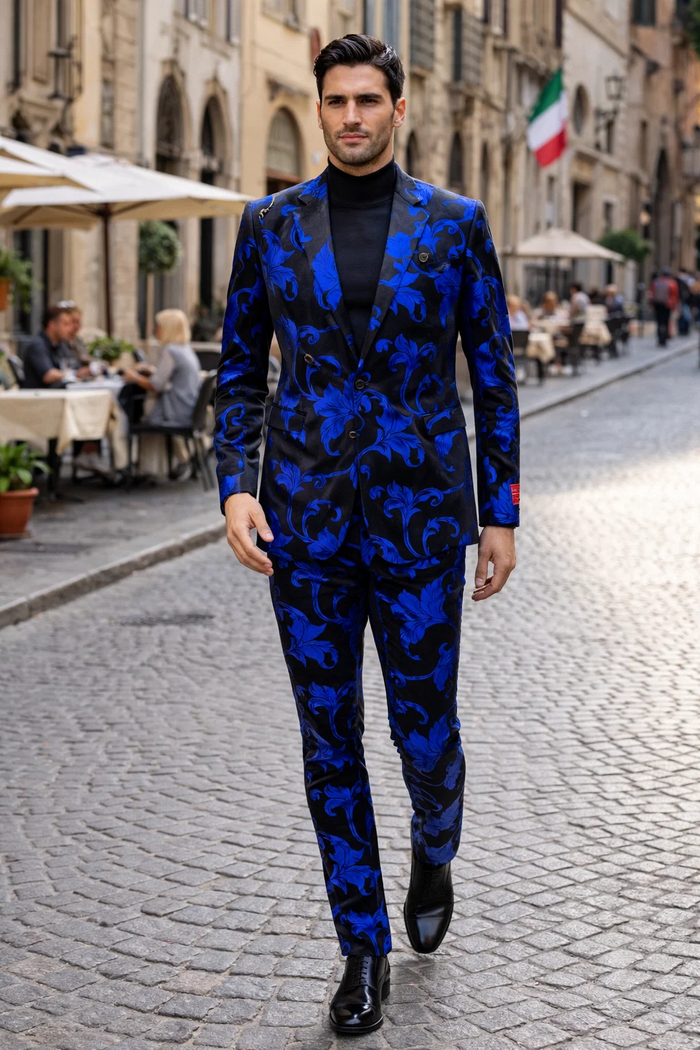 Mens Black and Royal Blue Floral Tuxedo Suit  Slim Fit 2 Piece Velvet Embroidered Outfit for Weddings, Prom, and Formal Events