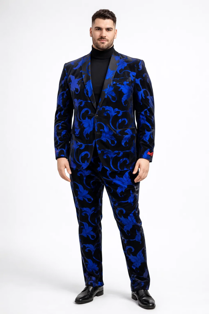 Mens Black and Royal Blue Floral Tuxedo Suit  Slim Fit 2 Piece Velvet Embroidered Outfit for Weddings, Prom, and Formal Events