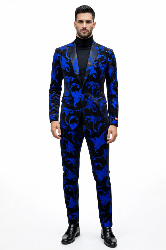 Mens Black and Royal Blue Floral Tuxedo Suit  Slim Fit 2 Piece Velvet Embroidered Outfit for Weddings, Prom, and Formal Events
