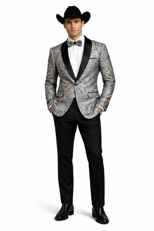 Mens Black and Silver Paisley Tuxedo with Satin Lapel and Bow Tie  Formal Party Suit