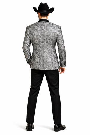 Mens Black and Silver Paisley Tuxedo with Satin Lapel and Bow Tie  Formal Party Suit