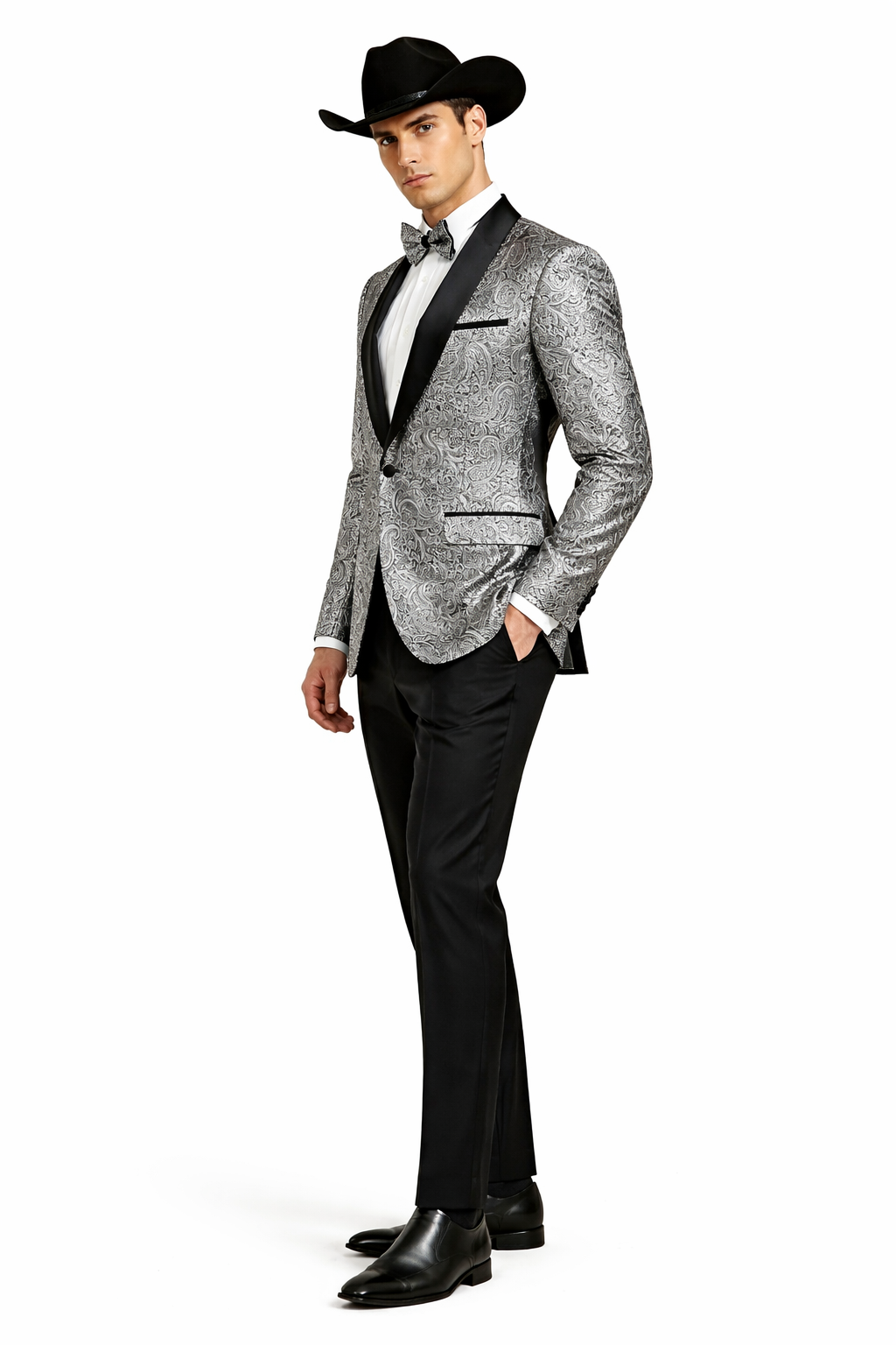 34 Mens Black and Silver Paisley Tuxedo with Satin Lapel and Bow Tie Formal Party Suit 34 Mens Black and Silver Paisley Tuxedo with Satin Lapel and Bow Tie Formal Party Suit