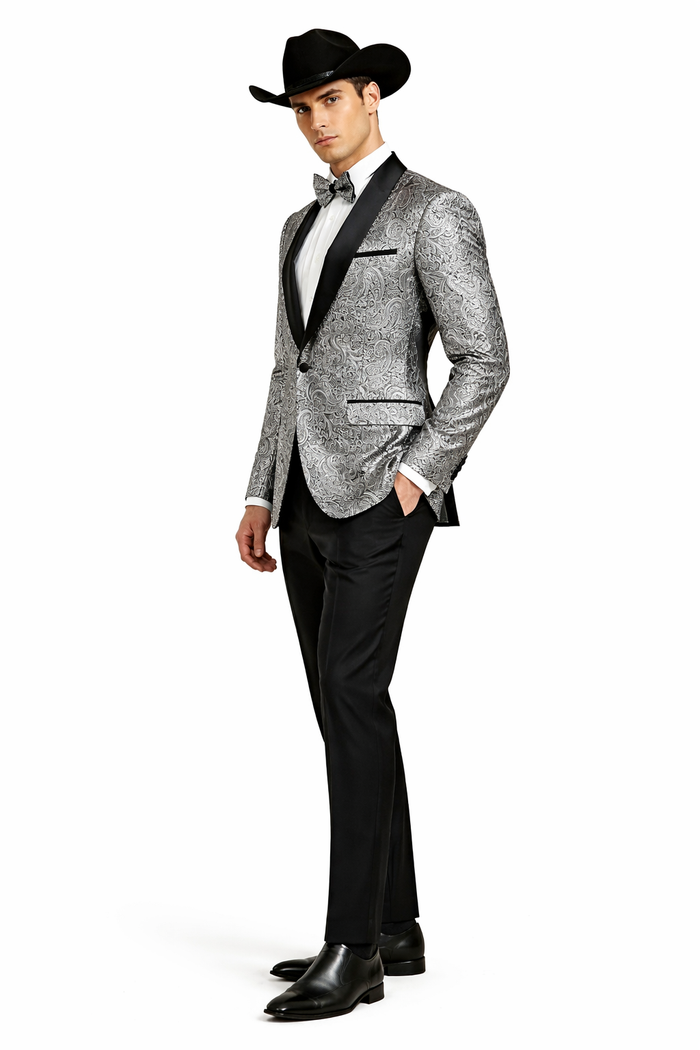 Mens Black and Silver Paisley Tuxedo with Satin Lapel and Bow Tie  Formal Party Suit