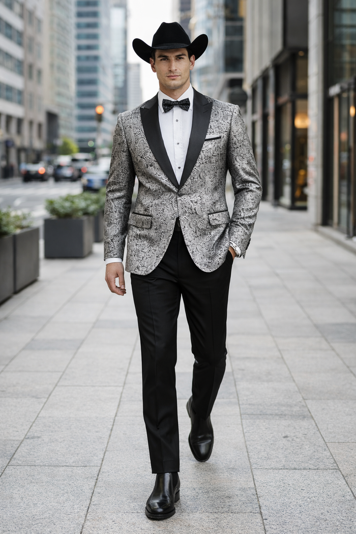 Mens Black and Silver Paisley Tuxedo with Satin Lapel and Bow Tie  Formal Party Suit