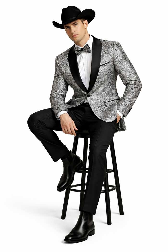 Mens Black and Silver Paisley Tuxedo with Satin Lapel and Bow Tie  Formal Party Suit