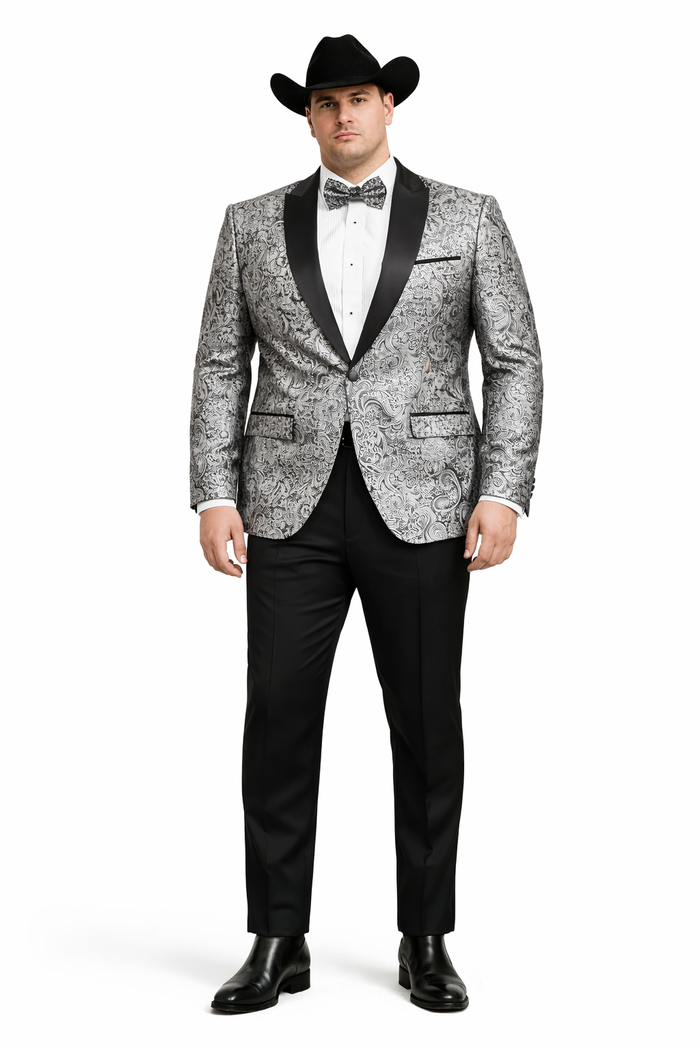 Mens Black and Silver Paisley Tuxedo with Satin Lapel and Bow Tie  Formal Party Suit