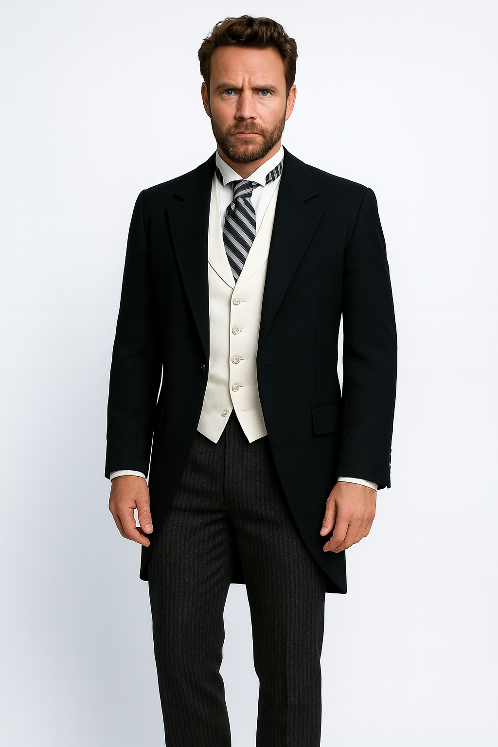 Black Peak Lapel Cutaway Tuxedo – Long Single-Breasted Suit Perfect for Musicians and Weddings