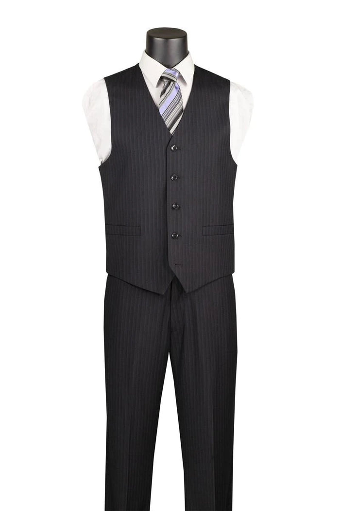 Mens Black Fine Pinstripe Suit 3 Piece Business Fit Vinci V2RS-7