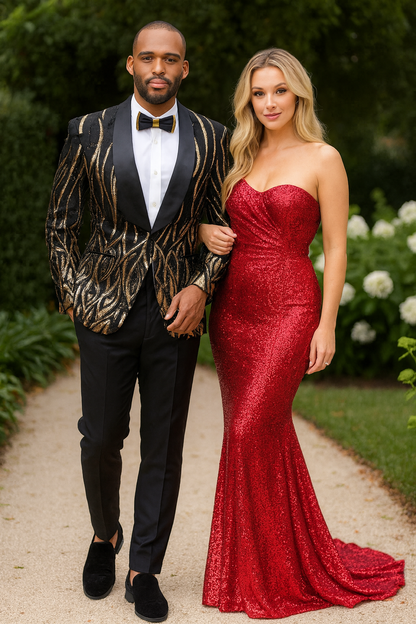 Black Tuxedo - Shawl Lapel Black and Gold Sequin Prom Tuxedo Mens Wedding Suit - Black Prom Suit