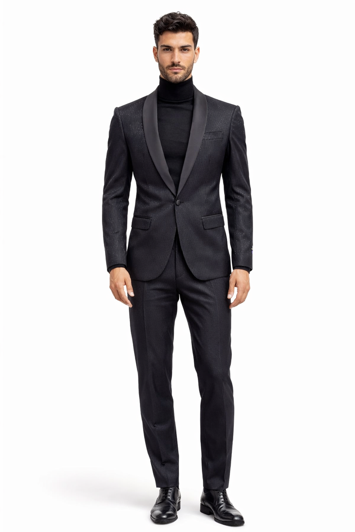 Mens Black Glitter Stripe Tuxedo with Satin Shawl Lapel  Slim Fit Formal Party Suit