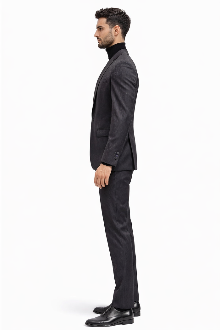 Mens Black Glitter Stripe Tuxedo with Satin Shawl Lapel  Slim Fit Formal Party Suit