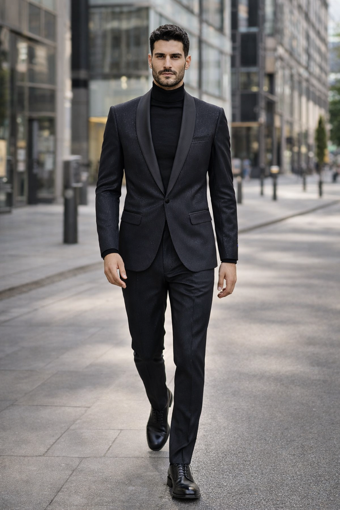 Mens Black Glitter Stripe Tuxedo with Satin Shawl Lapel  Slim Fit Formal Party Suit