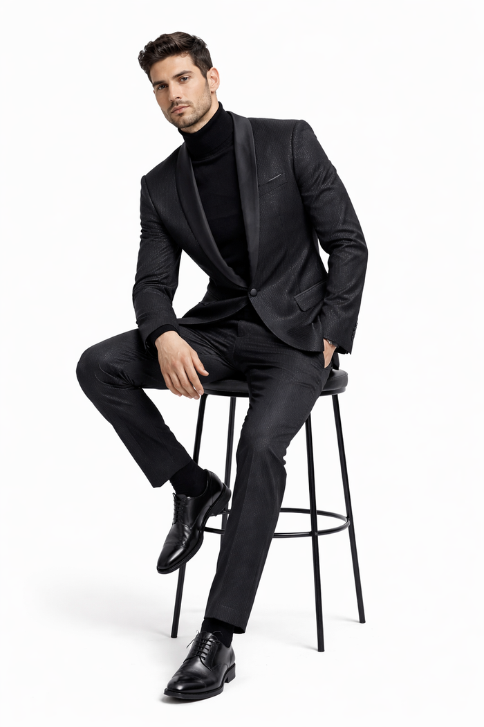 Mens Black Glitter Stripe Tuxedo with Satin Shawl Lapel  Slim Fit Formal Party Suit