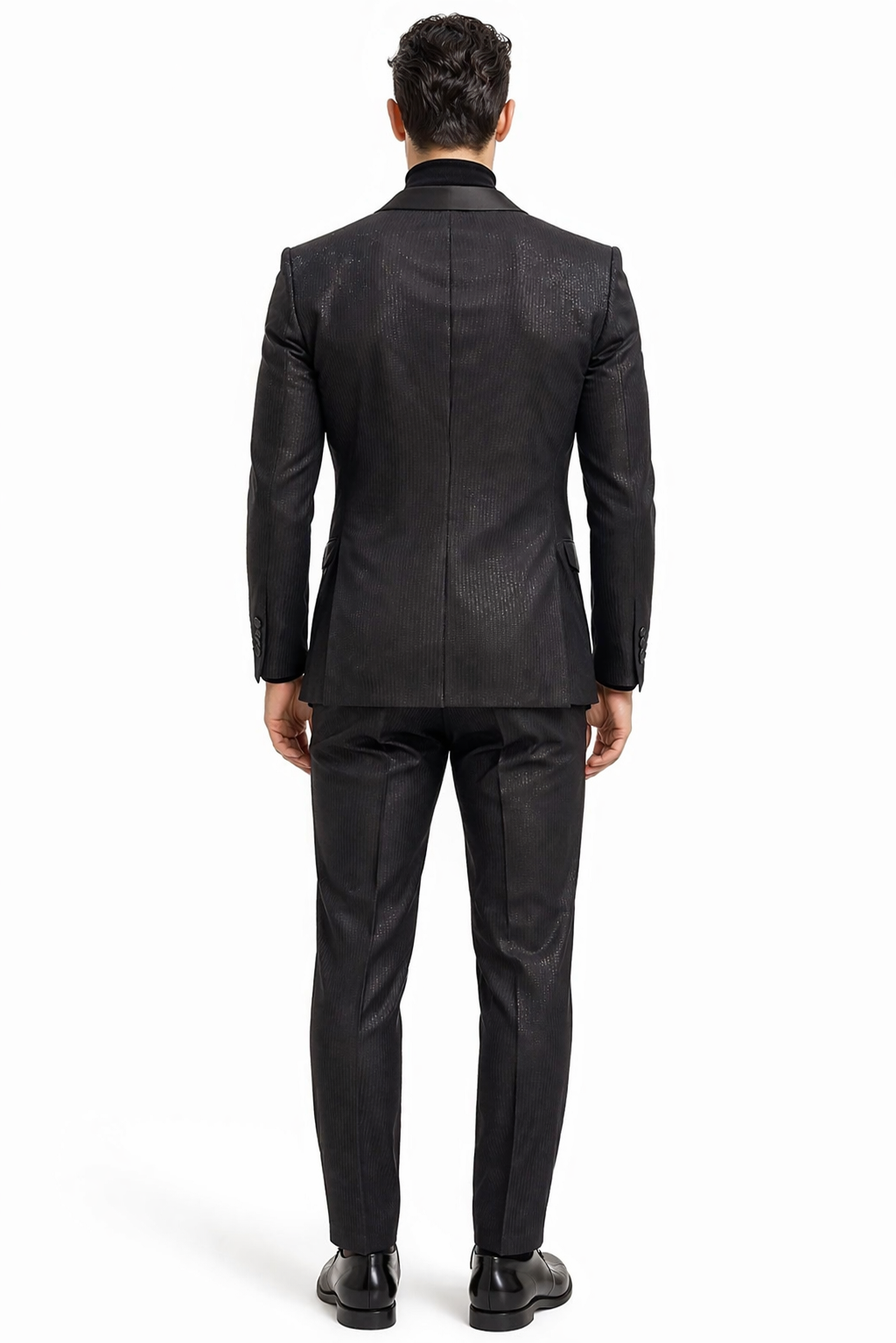 Mens Black Glitter Stripe Tuxedo with Satin Shawl Lapel  Slim Fit Formal Party Suit