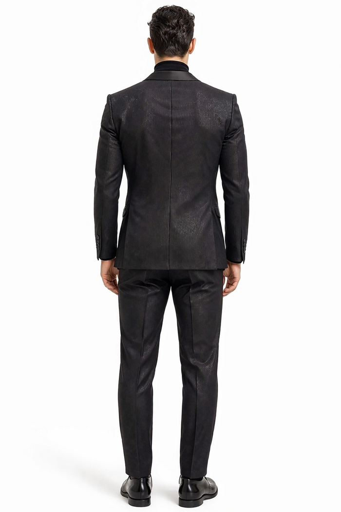 Mens Black Glitter Stripe Tuxedo with Satin Shawl Lapel  Slim Fit Formal Party Suit
