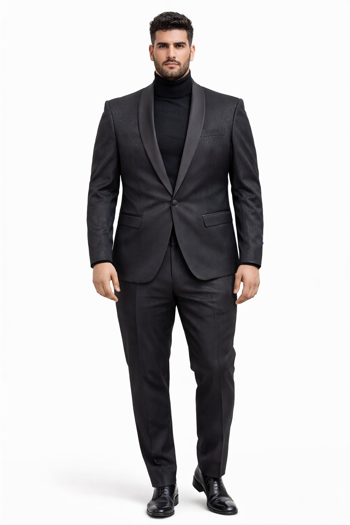 Mens Black Glitter Stripe Tuxedo with Satin Shawl Lapel  Slim Fit Formal Party Suit